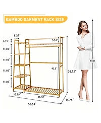 Yigii Bamboo Garment Rack with Hanging Rod and Hooks for Organized Storage