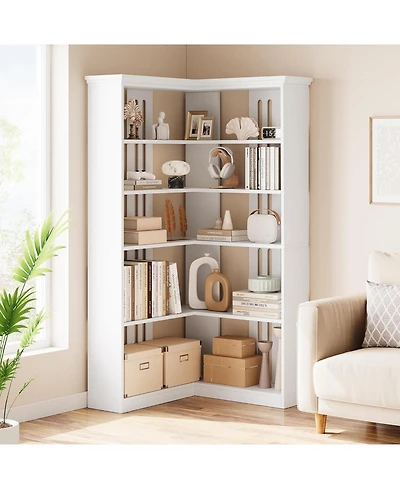 gaomon 72" L-Shaped Corner Bookshelf - 5-Tier Wood Bookcase with Anti-Tip Design, Rustic Freestanding Storage Shelf for Living Room or Office
