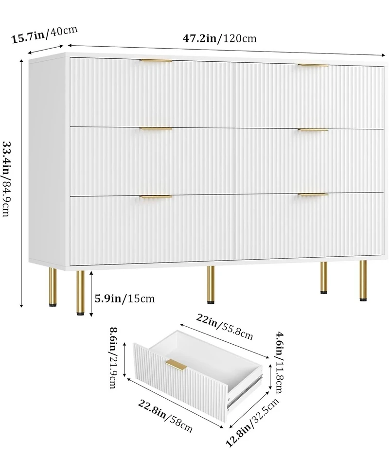 gaomon 6 Drawer Dresser for Bedroom Chest of Drawers, 47" Wide Fluted Dresser with Drawers, Modern Wooden Double Dressers with Metal Handles