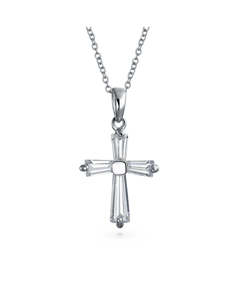 Bling Jewelry Elegant Small Minimalist Baguette-Cut Cubic Zirconia Religious Cross Pendant Necklacet .925 Sterling Silver
