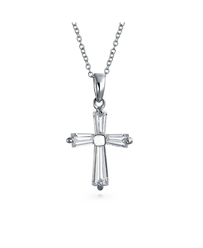 Bling Jewelry Elegant Small Minimalist Baguette-Cut Cubic Zirconia Religious Cross Pendant Necklacet .925 Sterling Silver
