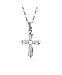 Bling Jewelry Elegant Small Minimalist Baguette-Cut Cubic Zirconia Religious Cross Pendant Necklacet .925 Sterling Silver