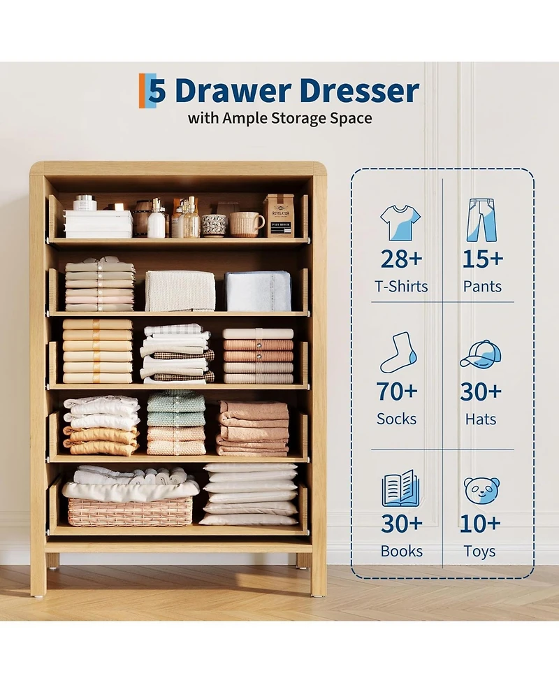 Gaomon 5 Drawer Tall Dresser, Oak Finish Storage Chest with Gold Ring Pulls