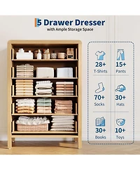 Gaomon 5 Drawer Tall Dresser, Oak Finish Storage Chest with Gold Ring Pulls