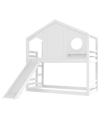 Streamdale Furniture Twin House Bunk Bed with Slide & Storage Shelves, Solid Wood Loft Bed