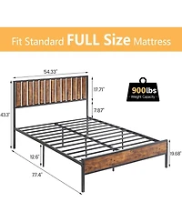 gaomon Bed Frame with Headboard Footboard Rustic Wood Bedframe Farmhouse Platform Bed Frame with Metal Slat Wrought Rod, Brown