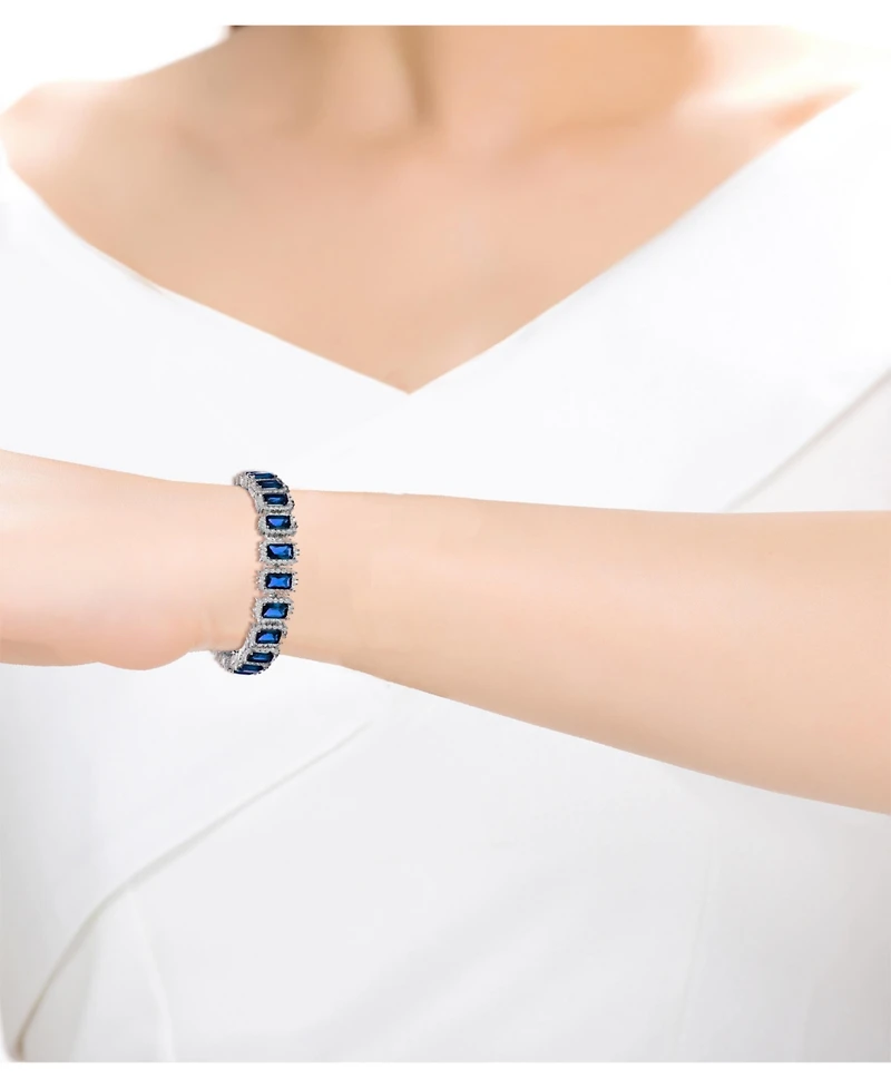 White Gold Plated with Blue Sapphire & Cubic Zirconia Rectangular Halo Cluster Link Vintage like Tennis Bracelet