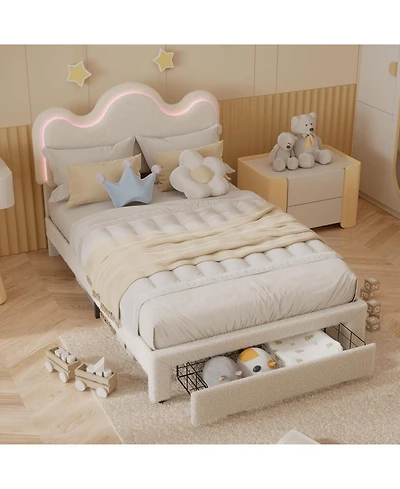 gaomon Bed Frame with Adjustable Upholstered Headboard Princess Boucle Bed Frame with Led Light Drawers Strong Wood Slat Support