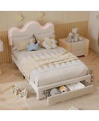 gaomon Bed Frame with Adjustable Upholstered Headboard Princess Boucle Bed Frame with Led Light Drawers Strong Wood Slat Support