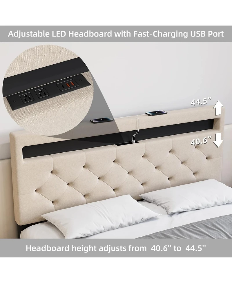 gaomon Bed Frame, Led Frame with Fast-Charging Usb Port, Upholstered Platform Adjustable Headboard, Strong Support Slats