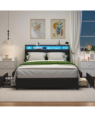 Streamdale Furniture Bed Frame with Ergonomic Headboard, Outlets, Led Light & Shelf