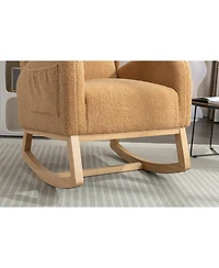 Flynama Khaki Teddy Fabric Rocking Chair with Wooden Frame Legs Built in Packet Ergonomic Backrest 300 Lbs Capacity for Living Room Bedroom