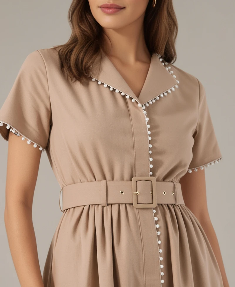 Modenaire Women's Solene Short Sleeve Collared Accent Belted Midi Dress