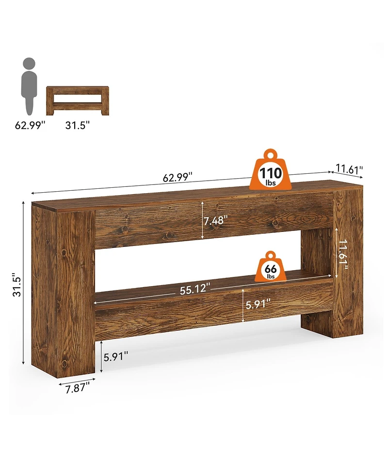 Tribesigns 63-Inch Solid Wood Console Table, Farmhouse Entryway Table with 2-Tier Storage Shelf, Rustic Wood Narrow Long Sofa Table Behind Couch