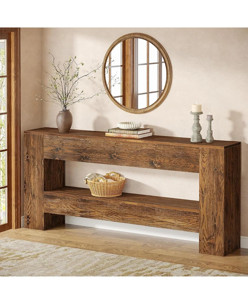 Tribesigns 63-Inch Solid Wood Console Table, Farmhouse Entryway Table with 2-Tier Storage Shelf, Rustic Wood Narrow Long Sofa Table Behind Couch