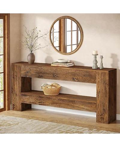 Tribesigns 63-Inch Solid Wood Console Table, Farmhouse Entryway Table with 2-Tier Storage Shelf, Rustic Wood Narrow Long Sofa Table Behind Couch
