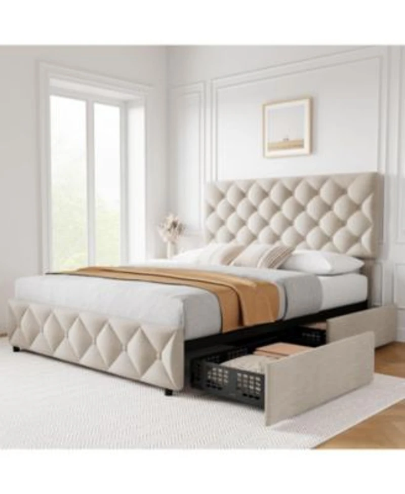 Gaomon Bed Frame With 4 Storage Drawers Adjustable Headboard Linen Upholstered Platform Beds