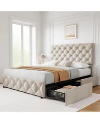 Gaomon Bed Frame With 4 Storage Drawers Adjustable Headboard Linen Upholstered Platform Beds
