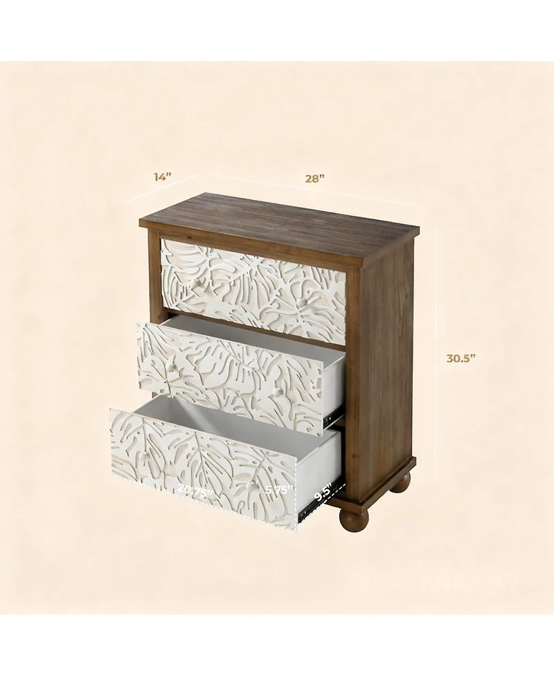 Yigii Rustic 3-Drawer Nightstand with Leaf Carvings