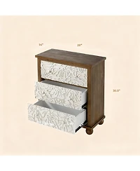 Yigii Rustic 3-Drawer Nightstand with Leaf Carvings