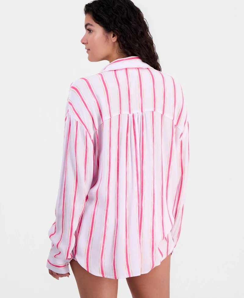 Miken Women's Striped Button-Front Swim Cover Up Shirt, Macy's Exclusive