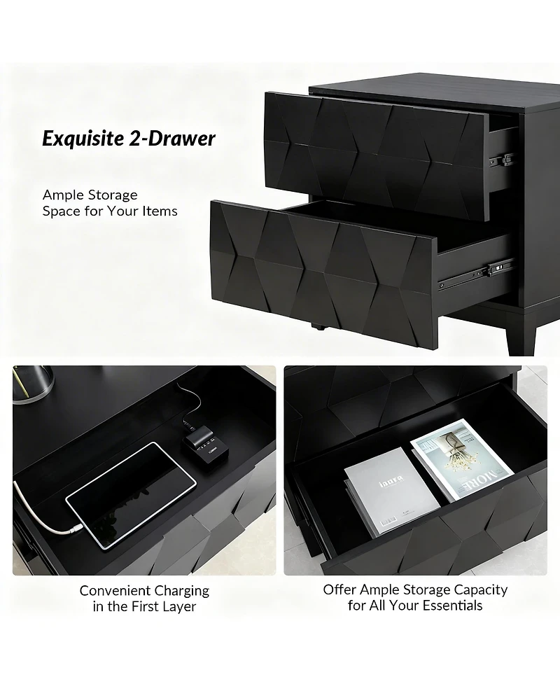 Modern 2-Drawer Side Table with Charging Station