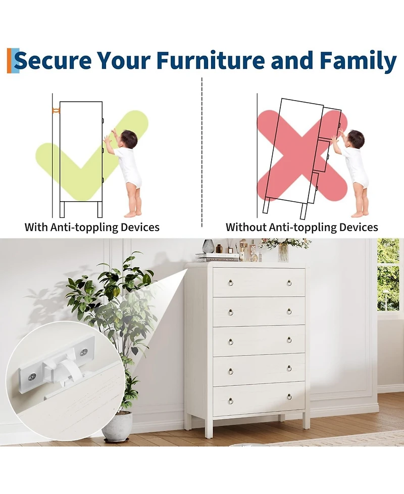 gaomon Modern 5 Drawer Tall Dresser for Bedroom, Large Clothes Storage Cabinet