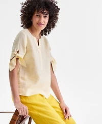 Charter Club Women's 100% Linen Split-Neck Tie-Cuff Top, Created for Macy's