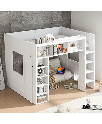Streamdale Furniture Queen Size Wooden Loft Bed with Storage Cabinets and Shelves