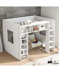 Streamdale Furniture Queen Size Wooden Loft Bed with Storage Cabinets and Shelves