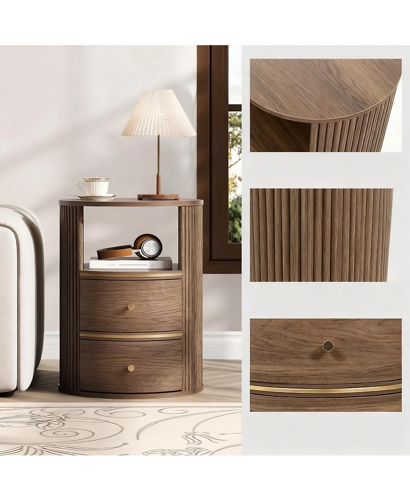 Yigii Mid-Century Walnut Fluted End Table with 2 Drawers & Open Shelf