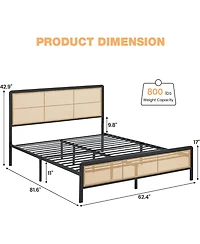 Gaomon Full Rattan Platform Bed Frame with Led Light Headboard, Modern Style Cane Boho Frames Sturdy Steel Slat Support