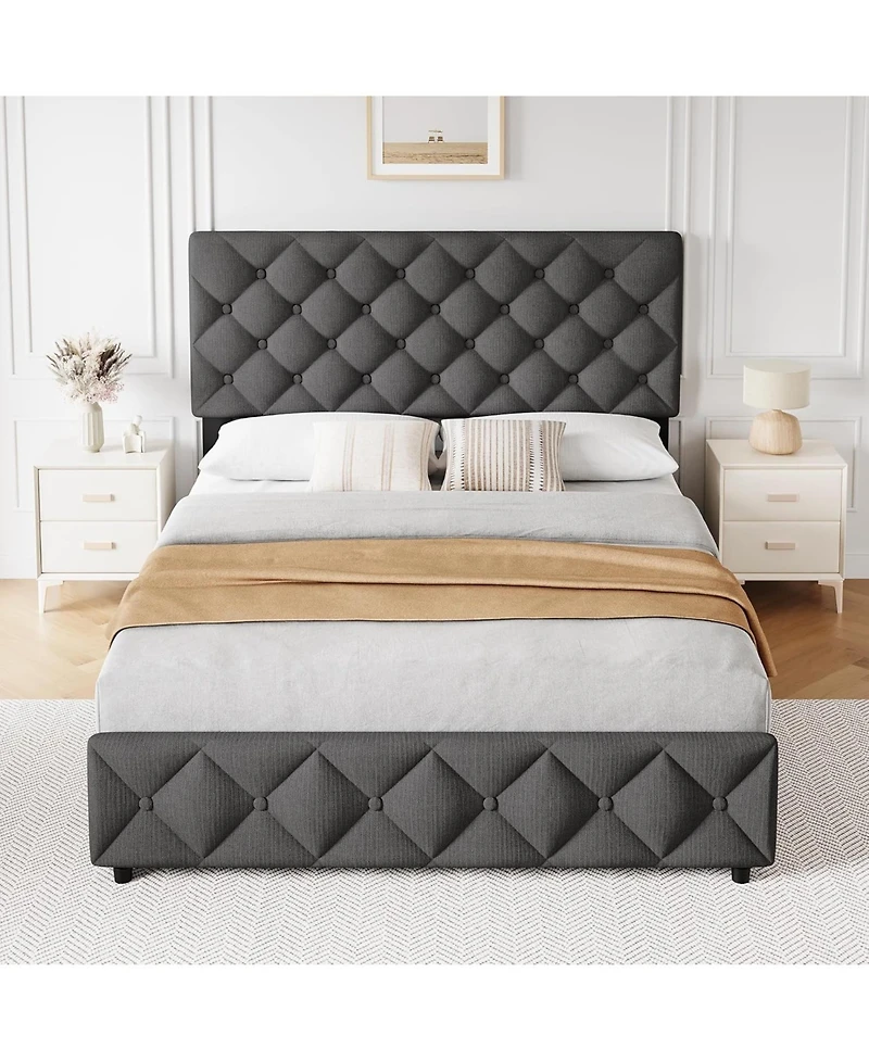 Gaomon Queen Bed Frame with 4 Storage Drawers, Linen Upholstered Platform Adjustable Headboard