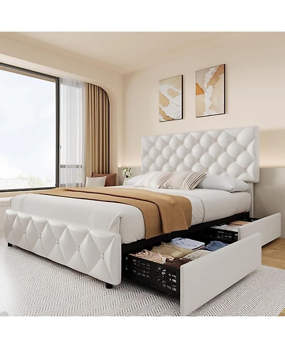 Gaomon Queen Bed Frame with 4 Storage Drawers, Linen Upholstered Platform Adjustable Headboard