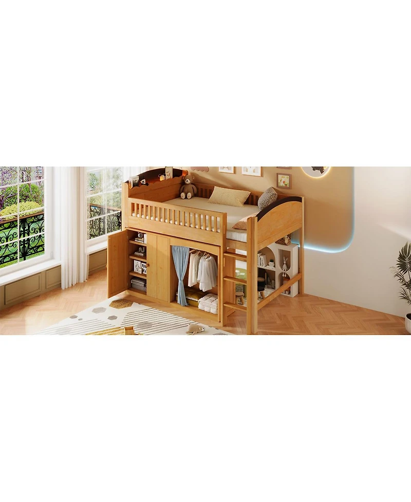 Streamdale Furniture Loft Bed with Storage Cabinet, Wardrobe & Led Wood Espresso