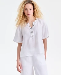 Charter Club Women's 100% Linen Embellished-Neck Elbow-Sleeve Top, Macy's Exclusive