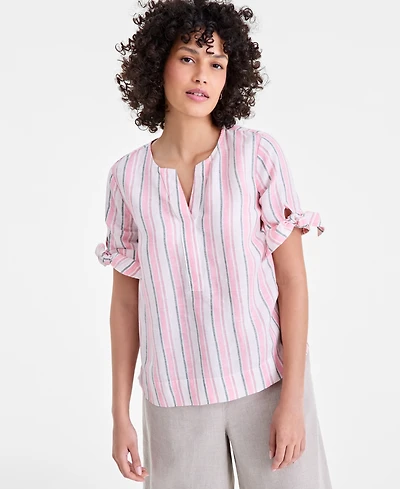 Charter Club Women's 100% Linen Split-Neck Tie-Cuff Top, Created for Macy's
