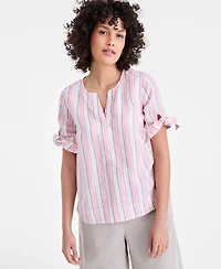 Charter Club Women's 100% Linen Split-Neck Tie-Cuff Top, Created for Macy's