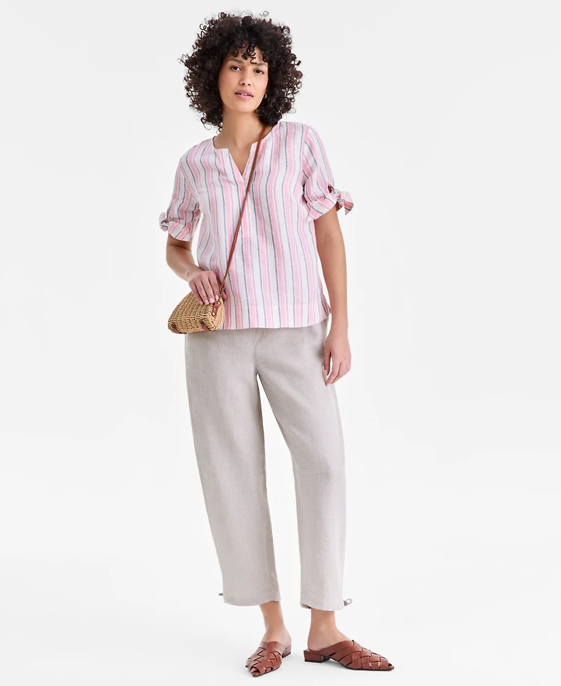 Charter Club Women's 100% Linen Split-Neck Tie-Cuff Top, Created for Macy's
