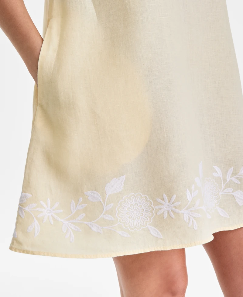 Charter Club Women's 100% Linen Embroidered-Hem Sleeveless Dress, Macy's Exclusive