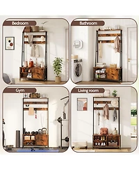 Rainsken Hall Tree with Bench and Shoe Storage, Industrial Style Coat Rack with 6 Hooks, Wood Look for Entryway, Hallway and Living Room