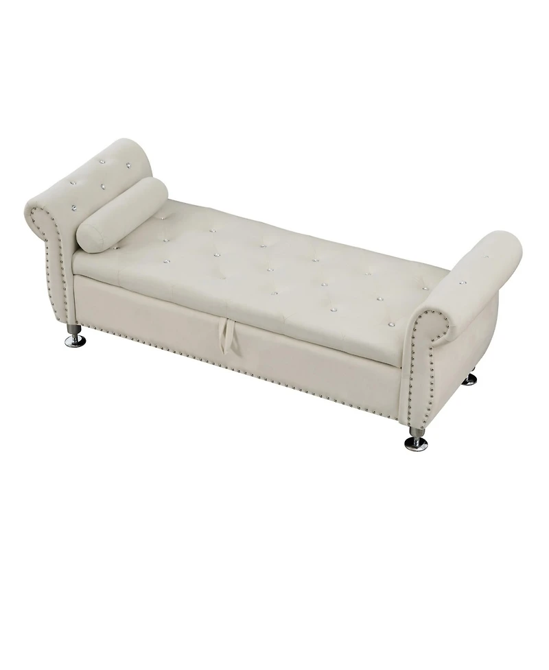 Boyel Living 62.2 Inch Soft Velvet Storage Bench with Crystal Buttons and 1 Pillow, for Bedroom Room