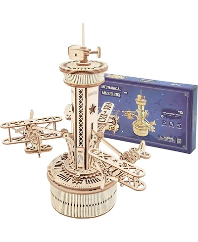 Robotime 3D Wooden Puzzle Mechanical Music Box,Diy Aircraft Model Kits to Build,Best Toy Gift for Teens,Adults on Birthday,Decoration for Room