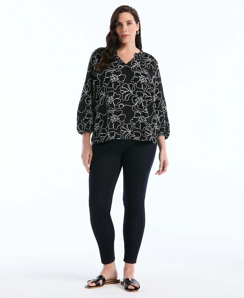 Rafaella Plus Floral Embroidered 3/4-Sleeve Blouse
