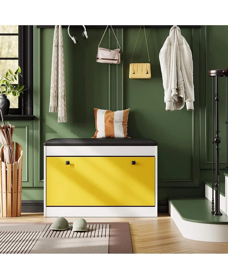 gaomon Modern Entryway Shoe Storage Bench with Flip Drawer, Pu Cushion & Tipping Bucket Organizer