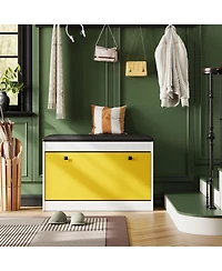 gaomon Modern Entryway Shoe Storage Bench with Flip Drawer, Pu Cushion & Tipping Bucket Organizer