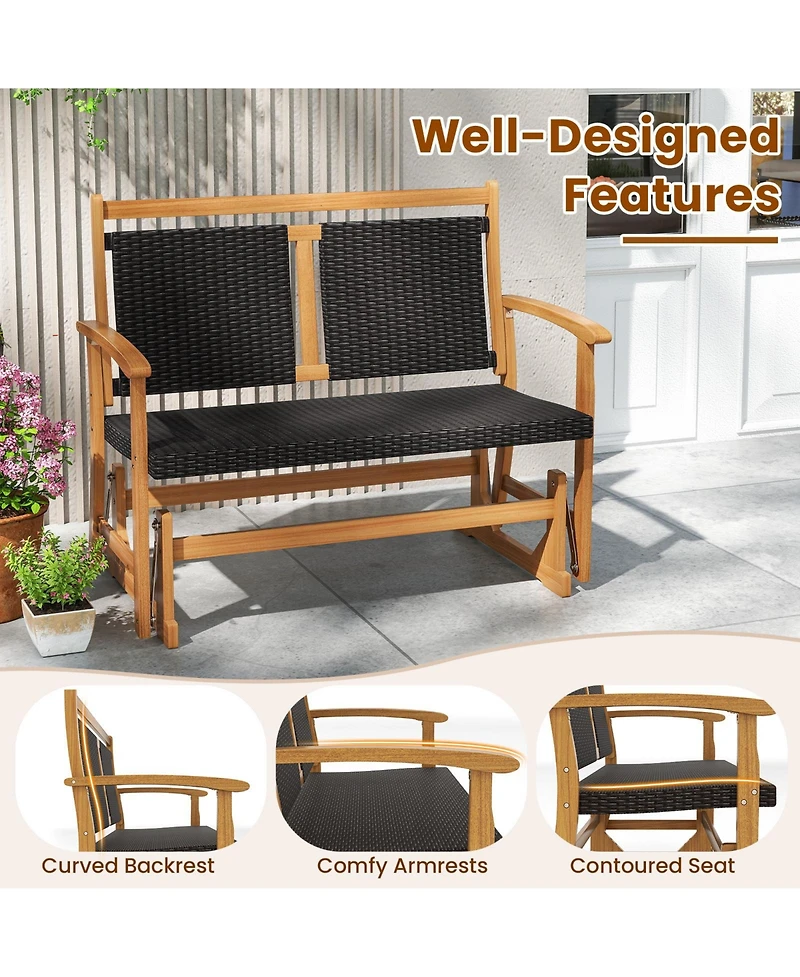 Gymax Patio Rattan Glider Bench Swing Gliding Rocker for 2 w/ Acacia Wood Frame