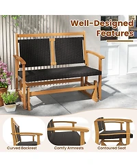 Gymax Patio Rattan Glider Bench Swing Gliding Rocker for 2 w/ Acacia Wood Frame