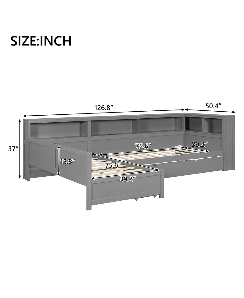 Streamdale Furniture 126 inches Wood Twin L-shaped Platform Bed with Trundle & Drawer