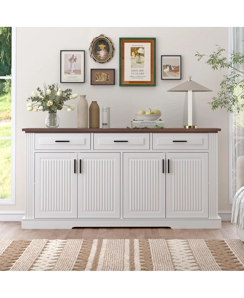 Streamdale Furniture 63" Fluted Sideboard Buffet Cabinet with 4 Doors & 3 Drawers